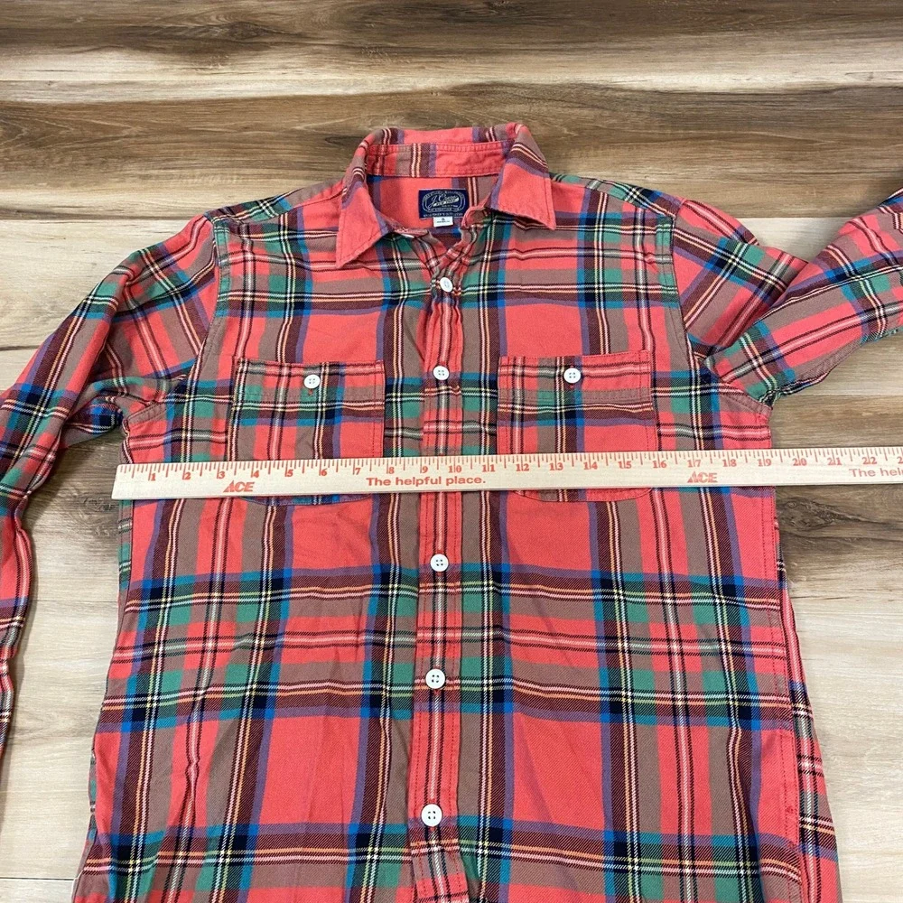J. Crew‎ Flannel Shirt Mens Small Sportsmen's Outfitter Plaid Salmon Pink Green